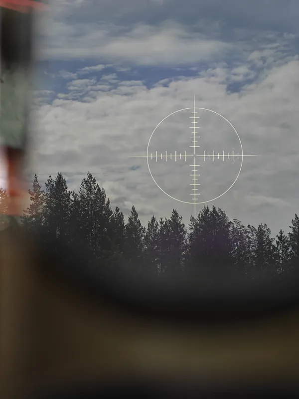 Zu sehen ist der Blick durch ein optisches Visier auf eine Baumgrenze aus Nadelbäumen unter einem bewölkten Himmel. Im Zentrum der Optik ist ein hell leuchtendes Absehen mit Fadenkreuz und Kreismarkierung dargestellt.