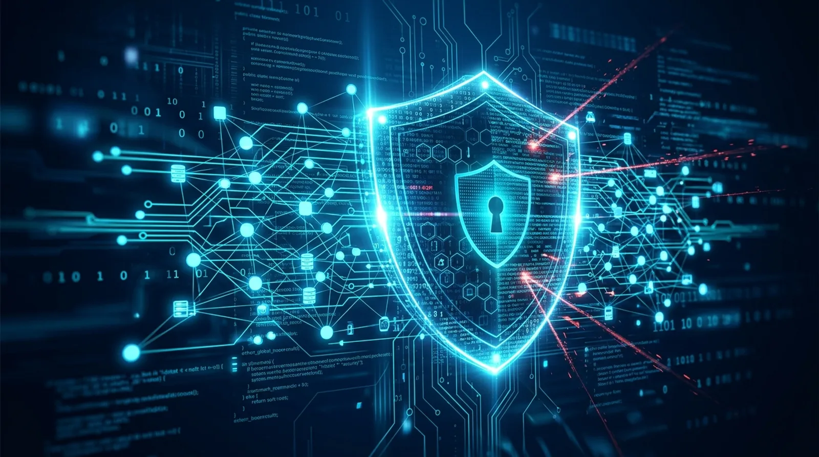 Abgebildet ist eine grafische Darstellung zur IT-Sicherheit. Ein leuchtend blaues Schutzschild mit einem Schlüsselloch-Symbol steht im Zentrum eines digitalen Netzwerks aus Datenleitungen und Binärcode, während rote Lichtstrahlen von der Seite darauf treffen.