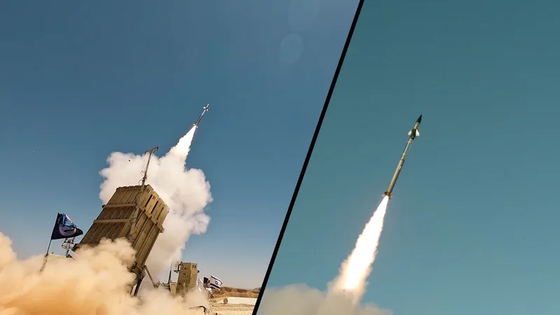 Eine geteilte Darstellung zeigt den Start einer Tamir-Abfangrakete aus einer Starteinheit des israelischen Luftverteidigungssystems Iron Dome (links) sowie die aufsteigende Rakete im Flug vor blauem Himmel (rechts).