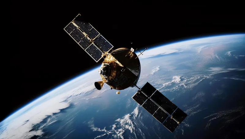 Satellit mit entfalteten Solarpaneelen im Erdorbit vor dem Hintergrund der Erdkrümmung und der Atmosphäre