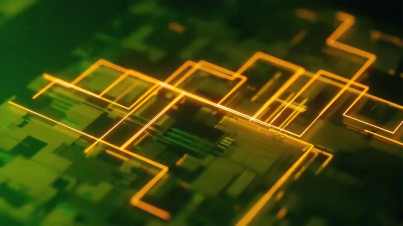 Dreidimensionale schematische Darstellung eines MEMS-Halbleiters mit orangefarbenen Leiterbahnen auf grüner Oberfläche
