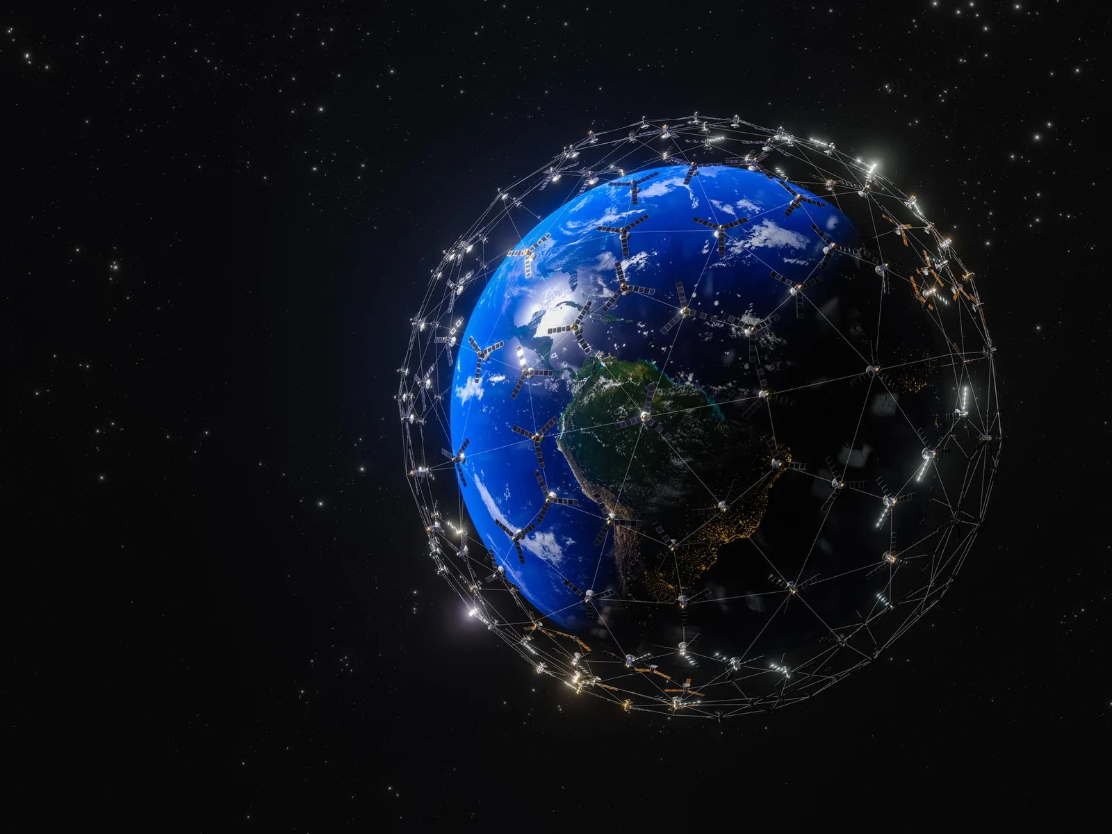 Die Erde, umgeben von einem engmaschigen Netzwerk aus Satelliten (Symbolbild).