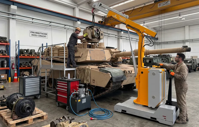 Zwei Techniker arbeiten in einer Instandsetzungshalle an einem Kampfpanzer des Typs M1 Abrams. Mithilfe eines mobilen Krans vom Typ JL 750 der Zallys Group wird eine ferngesteuerte Waffenstation auf dem Turm des Fahrzeugs montiert.