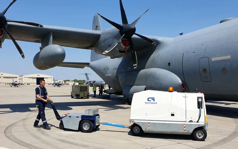 Ein Mitarbeiter des Bodenpersonals manövriert ein mobiles Bodenstromaggregat auf einem Flugplatz.