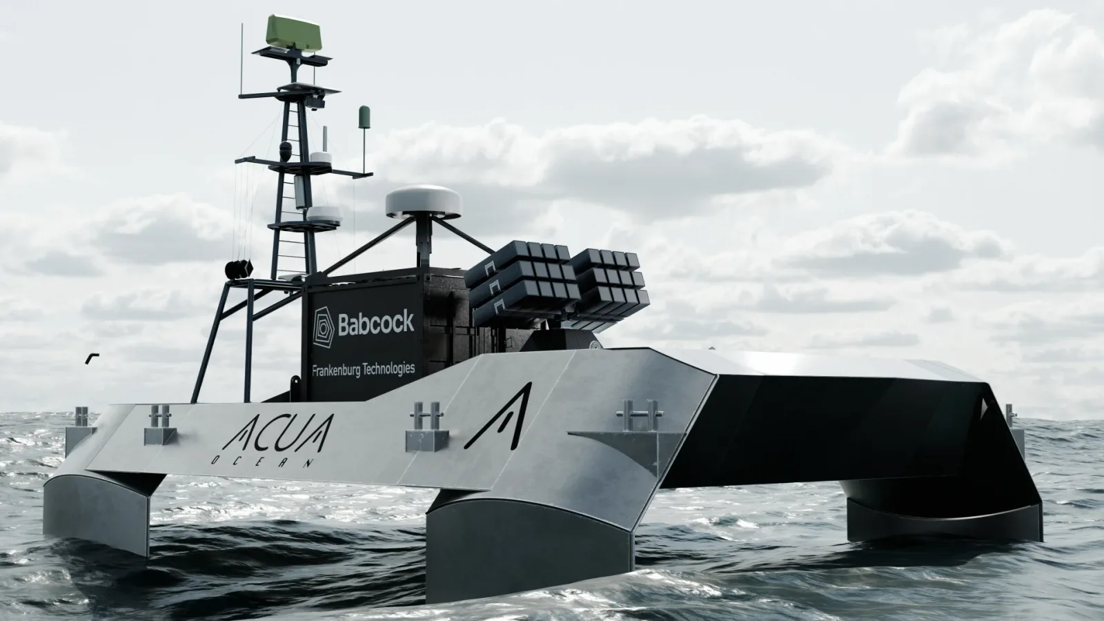 Die Konzeptgrafik zum Drohnenabwehrboot zeigt ein USV von ACUA Ocean, das mit einem Raketenstartsystem zur Drohnen- und Luftabwehr von Babcock und Frankenburg ausgerüstet ist.