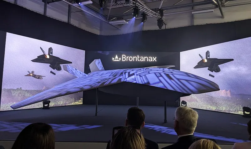 Modell des unbemannten Kampfflugzeugs Brontanax mit projizierten Lichtmustern auf einer Bühne vor Großbildschirmen