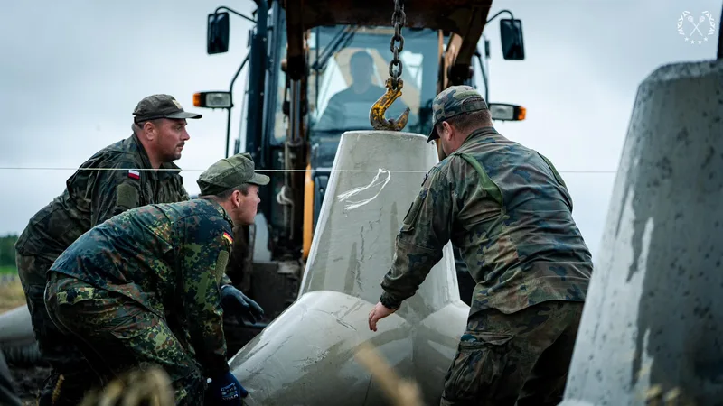 Bild-Infos Download Bildunterschrift:  Polnische und deutsche Soldaten arbeiten an der Verstärkung der Befestigungsanlage der polnischen Grenze. Die sogenannten "Drachenzähne" dienen als Panzerhindernisse.