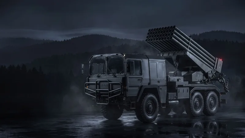 MAN-Militär-Lkw mit Mehrfachraketenwerfer bei Dunkelheit auf nassem Untergrund vor einer bewaldeten Hügellandschaft
