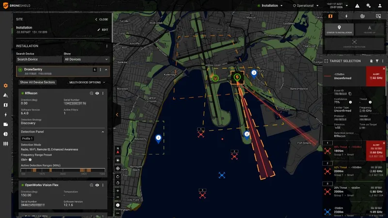 Benutzeroberfläche der DroneSentry-C2 Software von DroneShield mit digitaler Karte zur Drohnenerfassung und Lageüberwachung