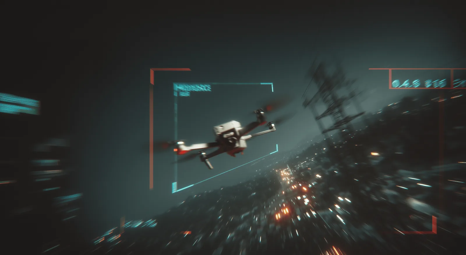 Die grafische Benutzeroberfläche eines optischen Erkennungssystems zeigt die automatisierte Erfassung und Verfolgung einer Drohne bei Nacht.