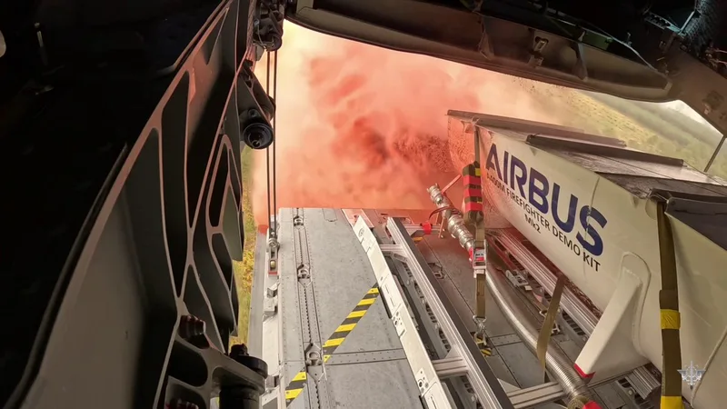 Airbus A400M Transportflugzeug stößt bei einem Test des Firefighter Demo Kit Mk2 Löschwasser über die geöffnete Heckrampe aus