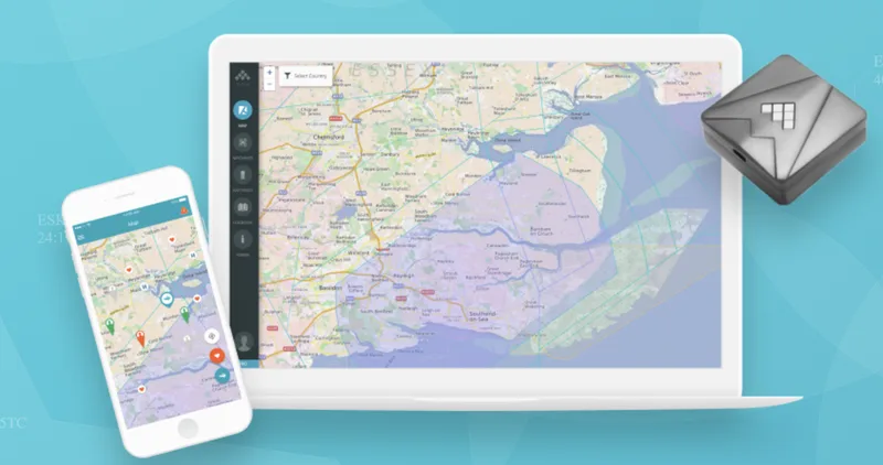 MAIA-System mit Laptop-Benutzeroberfläche, Smartphone-App und Hardware-Empfänger zur digitalen Ortung und Navigation