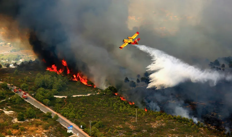 Löschflugzeug Canadair CL-415 wirft Wasser über einem Waldbrand ab, während Feuerwehrfahrzeuge am Straßenrand bereitstehen