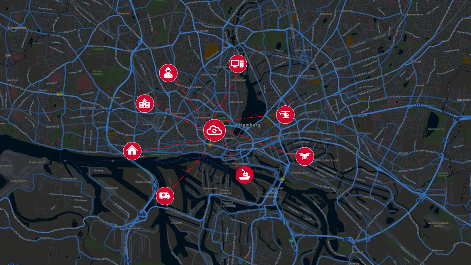 Eine schematische Grafik veranschaulicht die digitale Vernetzung verschiedener Akteure der zivilen Gefahrenabwehr im Stadtgebiet von Hamburg. Über eine zentrale Datenplattform sind dabei verschiedene Einsatzkräfte, Behörden und mobile Einheiten virtuell miteinander verbunden.