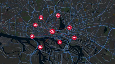 Eine schematische Grafik veranschaulicht die digitale Vernetzung verschiedener Akteure der zivilen Gefahrenabwehr im Stadtgebiet von Hamburg. Über eine zentrale Datenplattform sind dabei verschiedene Einsatzkräfte, Behörden und mobile Einheiten virtuell miteinander verbunden.