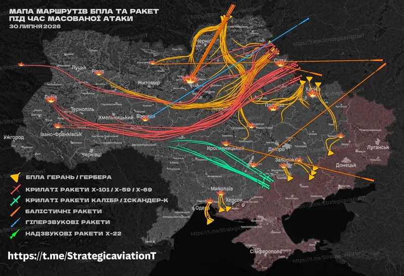 Ukrainische Infografik mit Karte der Ukraine und Flugbahnen russischer Raketen sowie Drohnen während eines Luftangriffs