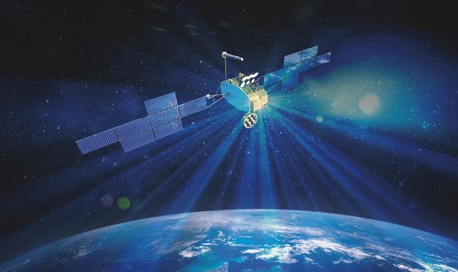 Eine grafische Darstellung des militärischen Kommunikationssatelliten SpainSAT NG im Weltraum über der Erde. Der Satellit ist mit entfalteten Solarpaneelen abgebildet und sendet symbolische Signalstrahlen in Richtung der Erdoberfläche aus.