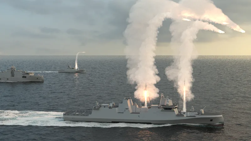 Computergenerierte Grafik eines Kriegsschiffverbands auf hoher See beim Abfeuern von Flugkörpern aus Senkrechtstartanlagen