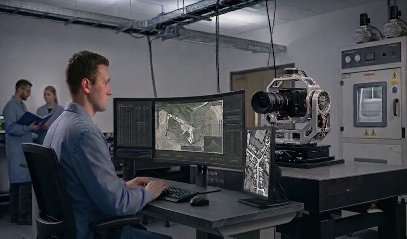 Techniker wertet Geodaten an einem Bildschirm neben einem kardanisch gelagerten Kamerasystem in einem Vötsch-Technik-Labor aus