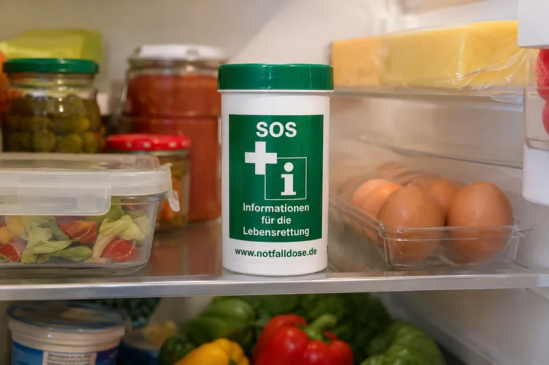 Die Notfalldose enthält wichtige Informationen für Rettungskräfte und wird gut sichtbar im Kühlschrank aufbewahrt, damit sie im Notfall schnell gefunden werden kann.