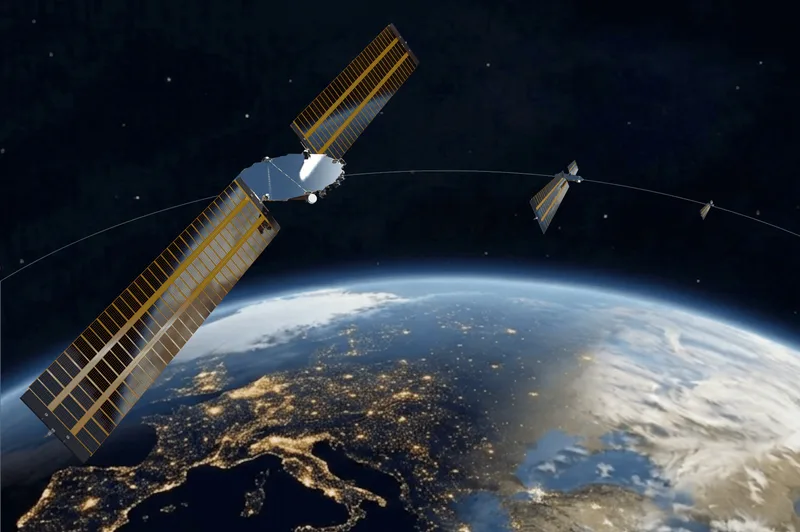Grafische Darstellung von Aerospacelab-Satelliten der IRIS²-Konstellation im Erdorbit vor der Erde bei Tag-Nacht-Übergang