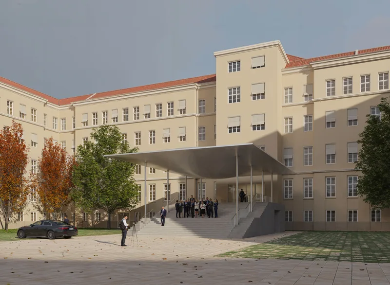 Architektonische Visualisierung des neuen Eingangsbereichs am Bendlerblock des Bundesministeriums der Verteidigung mit Vordach und Limousine