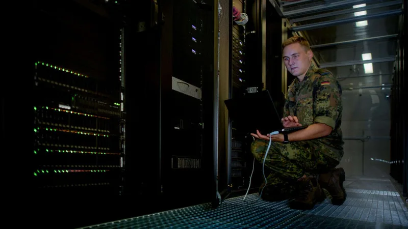 Bundeswehr-Soldat in Flecktarn-Uniform kniet vor einem geöffneten Serverschrank und arbeitet an einem Laptop