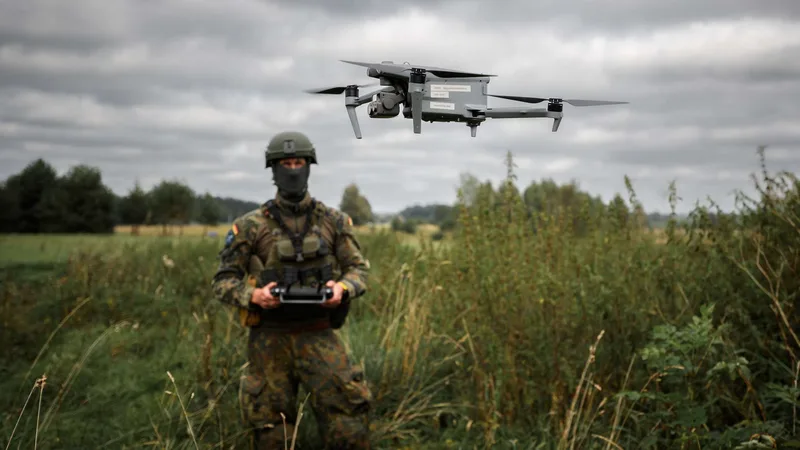 Soldat der Bundeswehr in Flecktarn steuert eine DJI Mavic 3 Aufklärungsdrohne über einer Wiese