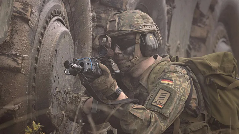 Lehren aus dem Ukraine-Krieg: Transformation des Heeres Bundeswehr-Infanterist mit G36 und AGDUS-System sichert im Schutz eines Radpanzers Boxer in Flecktarn-Kampfbekleidung