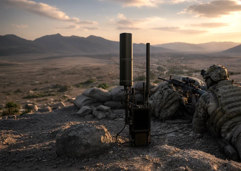 Soldat mit Gewehr in gebirgigem Gelände neben einem mobilen DroneShield RfRecon Drohnendetektionssystem