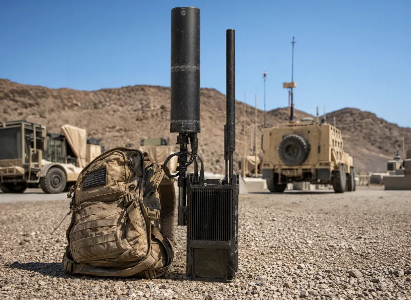 Drohnenaufklärungssystem RfRecon von DroneShield neben einem Militärrucksack auf einem sandigen Übungsgelände mit taktischen Fahrzeugen