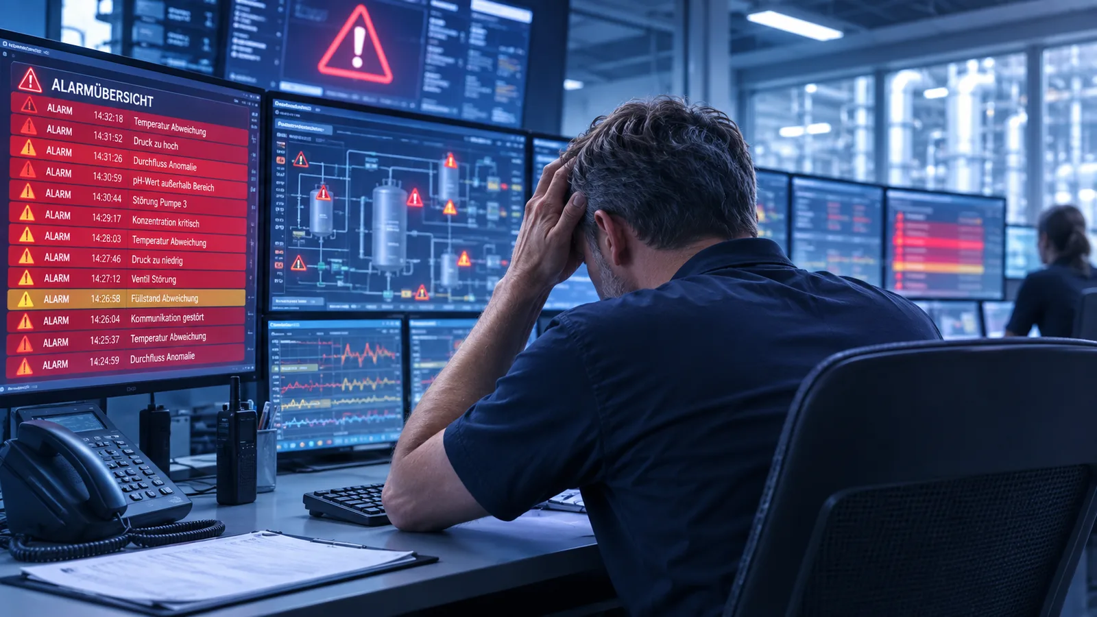 Ein Mitarbeiter in einer Leitzentrale sitzt mit den Händen am Kopf vor mehreren Monitoren, die eine Vielzahl von Systemalarmen und Fehlermeldungen anzeigen. Der Arbeitsplatz ist unter anderem mit einem Tischtelefon, einem Funkgerät und Kontrollbildschirmen zur Überwachung von Industrieanlagen ausgestattet.