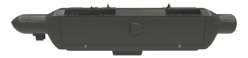 Grauer Behälter für elektronische Kampfführung (EW-Pod) zur Montage an Kampfflugzeugen wie der F-16