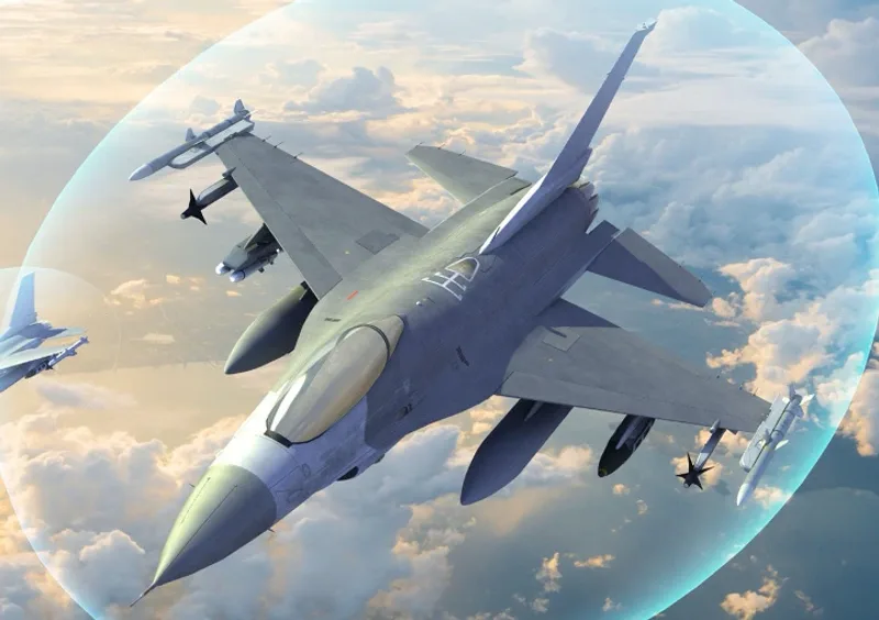 Grafik einer F-16 im Flug, umgeben von einer blau leuchtenden, transparenten Kuppel als Symbol für elektronische Kampfführung