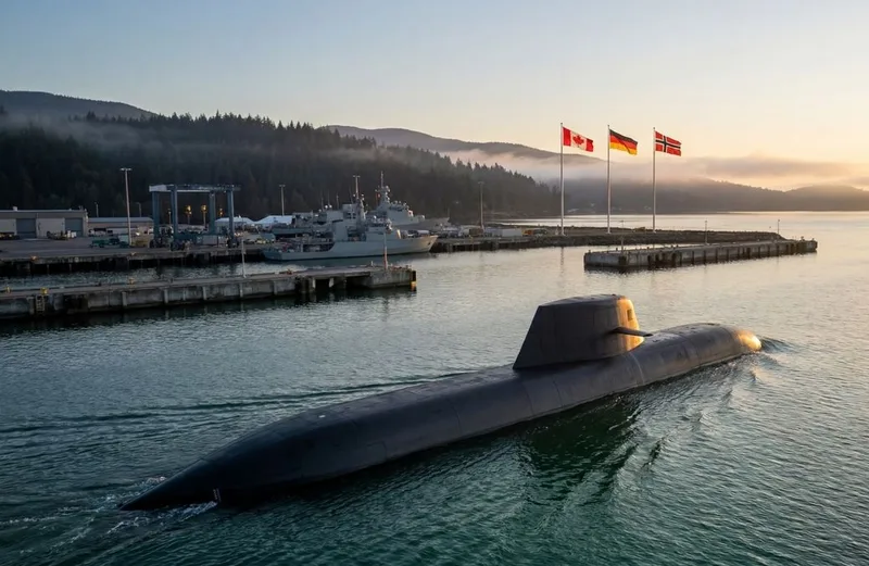 U-Boot der Klasse 212CD von thyssenkrupp Marine Systems vor einem Marinestützpunkt mit Flaggen von Deutschland, Norwegen und Kanada