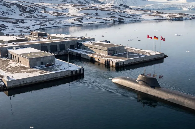 U-Boot der Klasse 212A läuft in den norwegischen Marinestützpunkt Olavsvern ein, flankiert von Flaggen Kanadas, Deutschlands und Norwegens