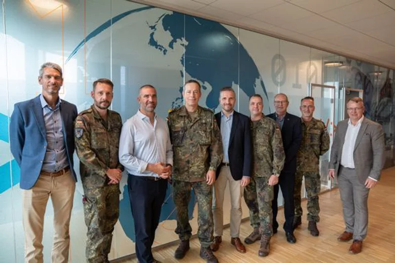 Generalleutnant Alfons Mais und eine Delegation der Bundeswehr posieren mit zivilen Vertretern vor einer Weltkarte