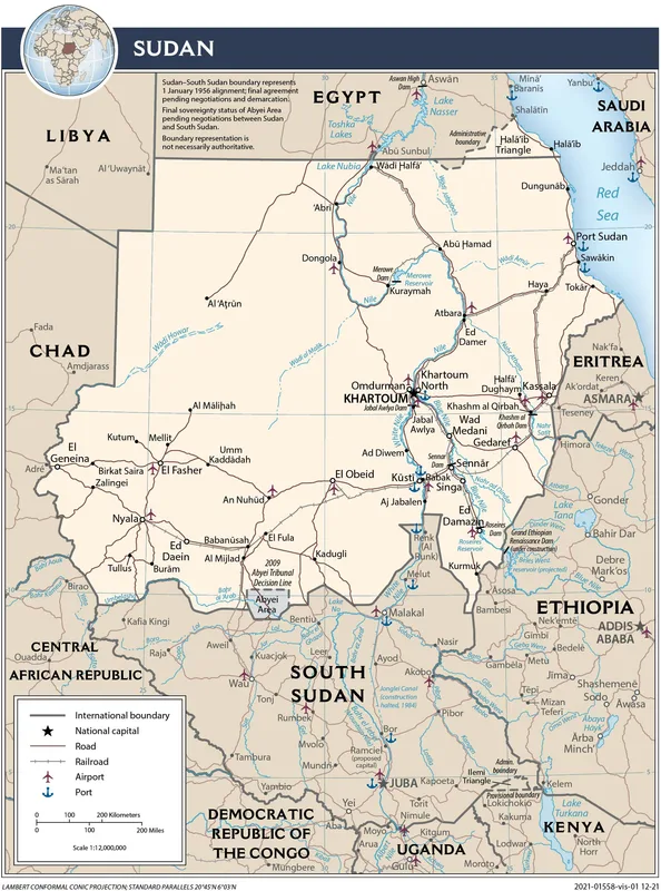A map of Sudan depicting key infrastructure such as roads, railway lines, ports, and airports, as well as the course of the Nile. (CIA)