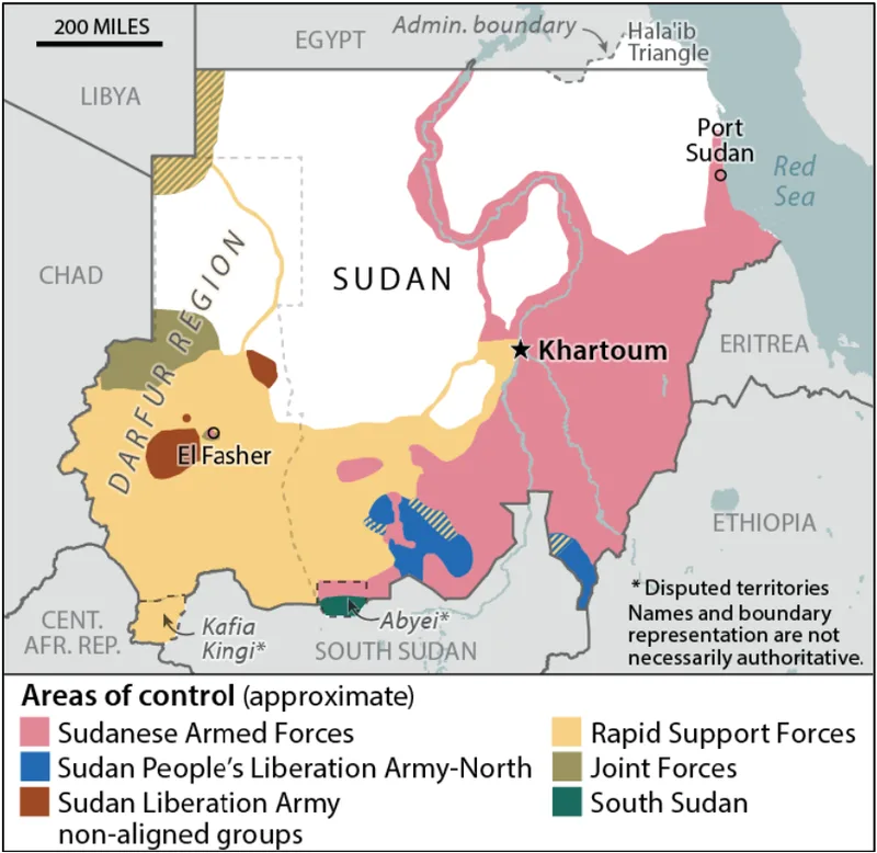 A map of the various areas of control of the various Factions in Sudan’s civil war, as of May 2025. (CRS)