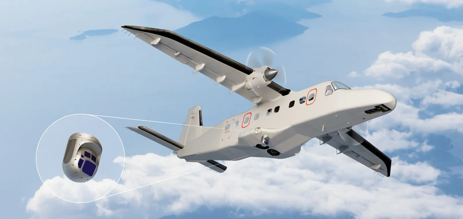 Do 228 Turboprop-Flugzeug von General Atomics Aerotec im Flug mit hervorgehobenem elektro-optischem Sensorsystem von Trakka Systems