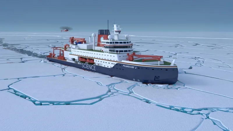 Grafische Visualisierung des Forschungseisbrechers Polarstern II von thyssenkrupp Marine Systems im Packeis mit Hubschrauber