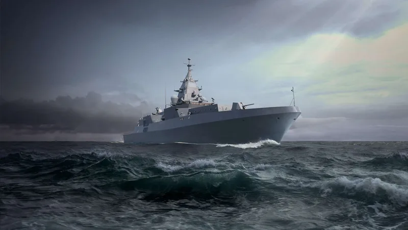 3D-Modell einer Fregatte der MEKO A-Klasse von thyssenkrupp Marine Systems bei der Fahrt durch unruhige See