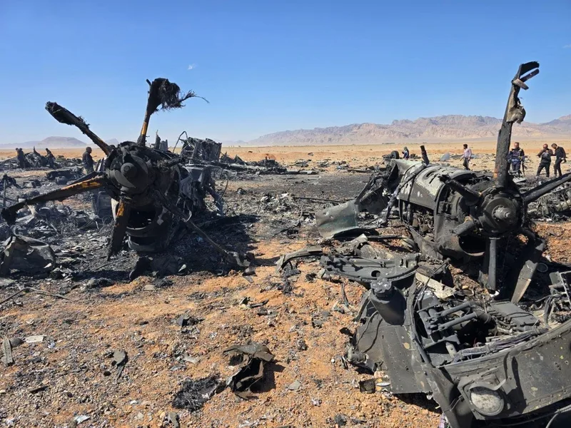 Zwei ausgebrannte Hubschrauberwracks in einer Wüstenlandschaft im Iran mit Soldaten an der Absturzstelle vor einer Bergkette