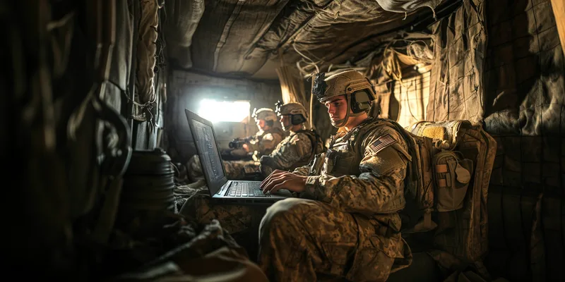 Drei US-Soldaten in voller Ausrüstung im Innenraum eines Militärfahrzeugs, ein Soldat bedient einen robusten Laptop