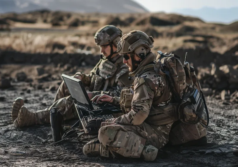 Zwei Soldaten in Tarnkleidung bedienen in einem steinigen Gelände einen robusten, mobilen Laptop zur Kommunikation