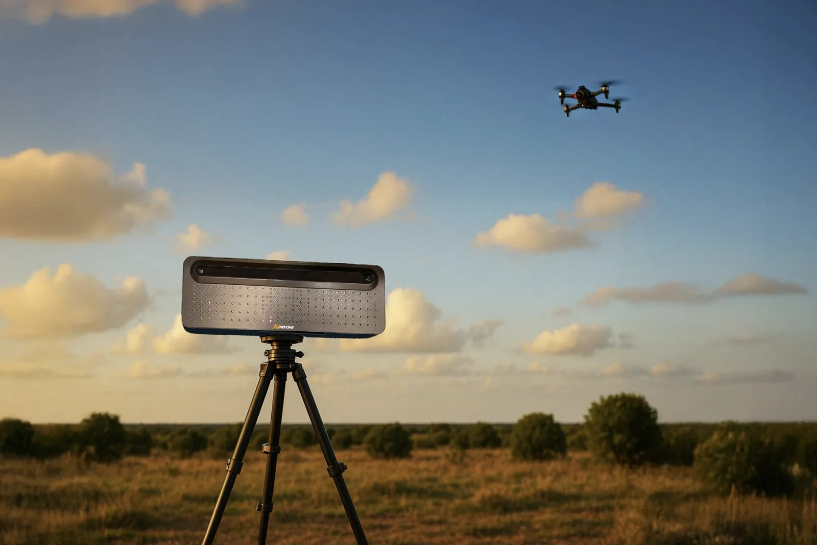 Akustischer Drohnenaufklärungssensor von Netline auf einem Stativ in einer Landschaft mit einer fliegenden Drohne im Hintergrund