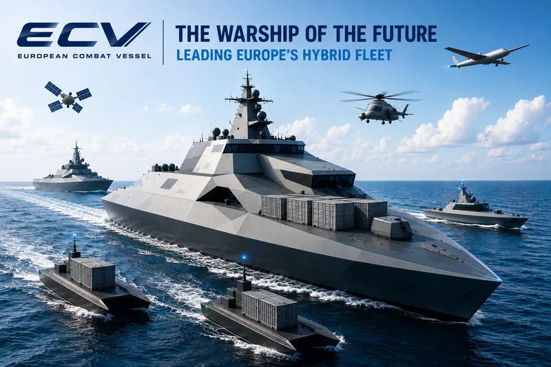 Konzeptgrafik des European Combat Vessel (ECV) auf See, umgeben von unbemannten Überwasserfahrzeugen, Luftfahrzeugen und Satelliten