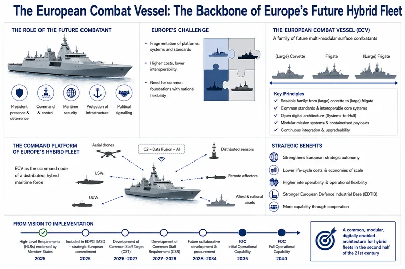 Infografik zum europäischen Kampfschiff ECV mit Schiffsklassen, unbemannten Systemen und Zeitplan bis 2040