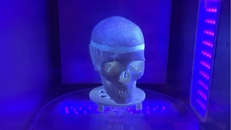 Ein 3D-gedrucktes Schädelmodell wird in einer UV-Härtungskammer von Formlabs zur Materialhärtung für wehrmedizinische Forschung nachbelichtet