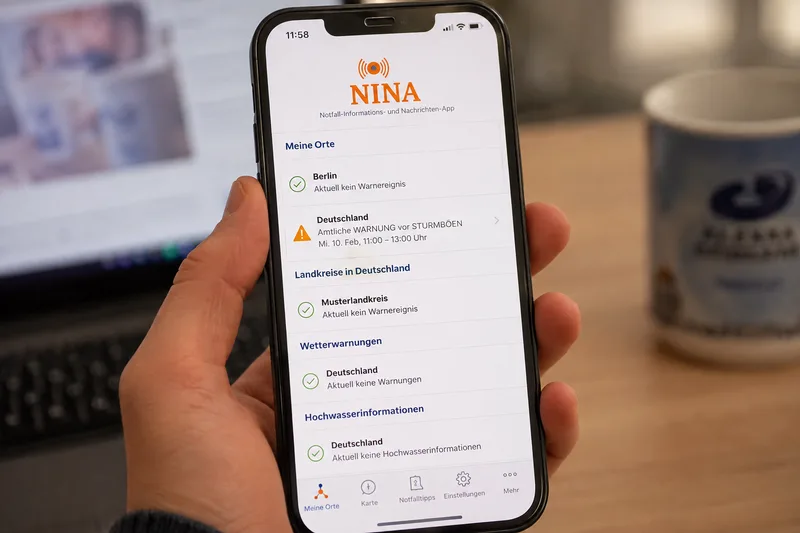 Smartphone-Display mit Warnmeldung der Warn-App NINA
